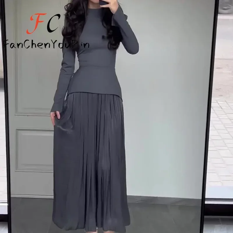 Autumn New Women\'s Dress Fashion Vintage Pleated Long Sleeve Vintage Skirt Office Lady Patchwork Slim Fit Elegant Party Dresses