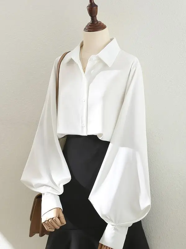 

Блузки Топы Женские Белые Черные Длинные Рукава-фонарики Офисные Леди Темперамент Осень Зима Базовый Универсальный Дизайн Шикарные Женские Новые