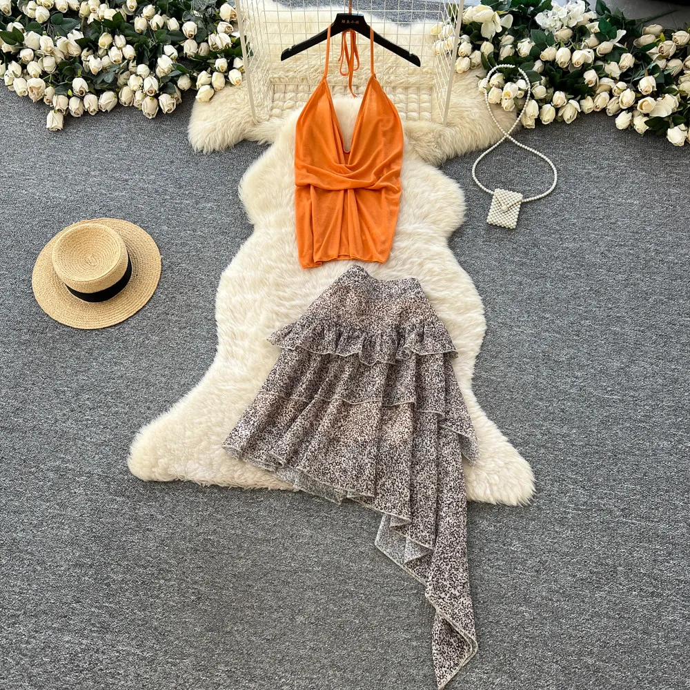 

French Style Holiday Style Two-piece Set 2026 Spring Summer Women American Style Orange Sling Slim Elastic Waist Leopard Skirt