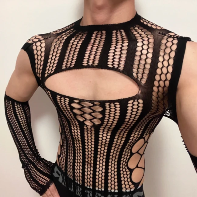 

Men's Striped Nightwear with Hollowed Out Mesh Sexy Pajamas Autumn Winter All Season Clothes Fishnet Breathable Male Bodysuits