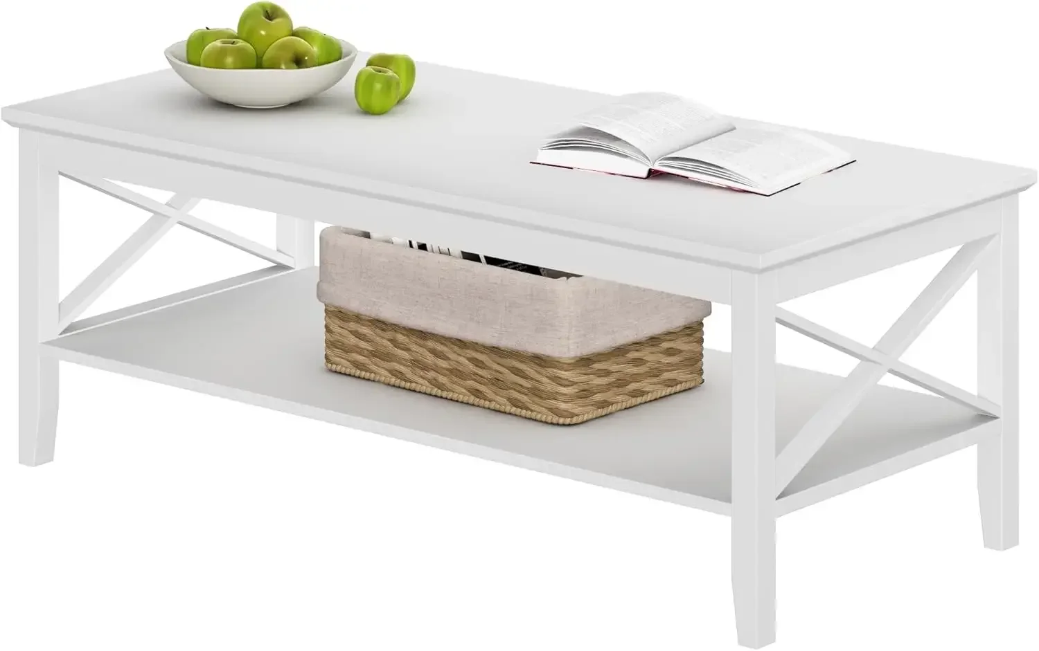 Coffee Table Classic X Design for Living Room, Rectangular Modern Cocktail Table with Storage Shelf, 47 Inch