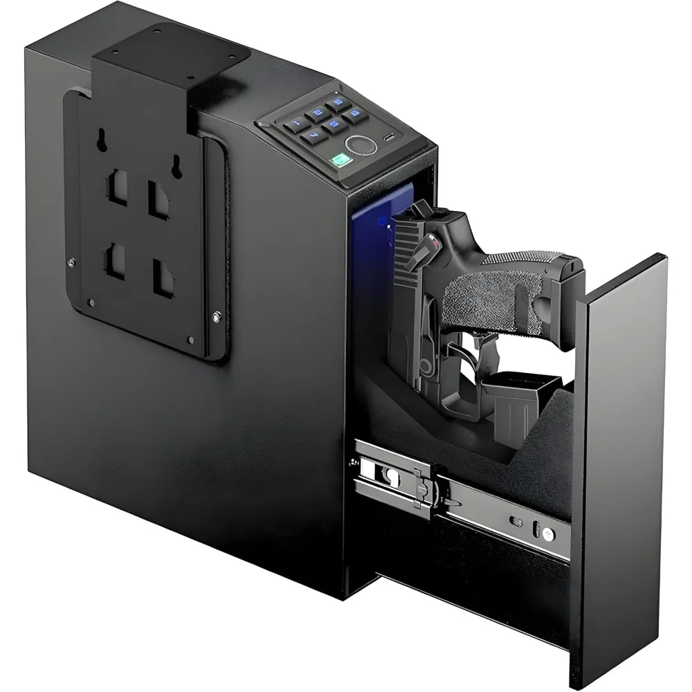 Sejf na broń z biometrycznym czytnikiem linii papilarnych, montowany na ścianie, z kodem dostępu, kluczami i szybkim automatycznym otwieraniem, sejf na broń do szafki nocnej, biurka, przy łóżku