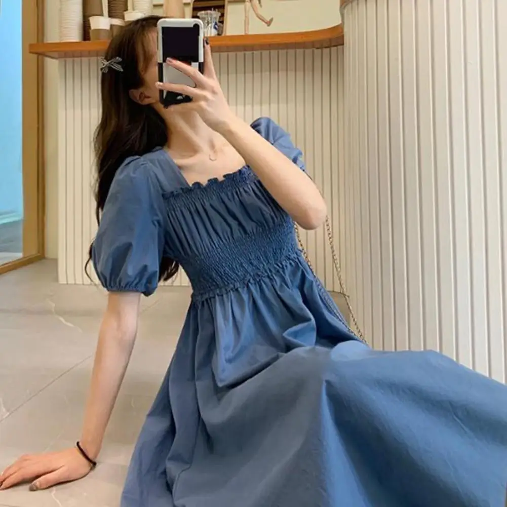 Women Summer Dress Square Neck Bubble Sleeve Shirring Elastic Bust A-line Dress Loose Hem Vintage Mic-calf Length Midi Dress