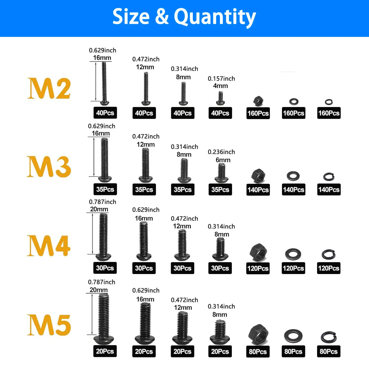 2000PCS Hex Button Head Screw Assortment M2 M3 M4 M5 Metric Bolts Nuts Lock Flat Washers Alloy Steel with Plastic Storage Case