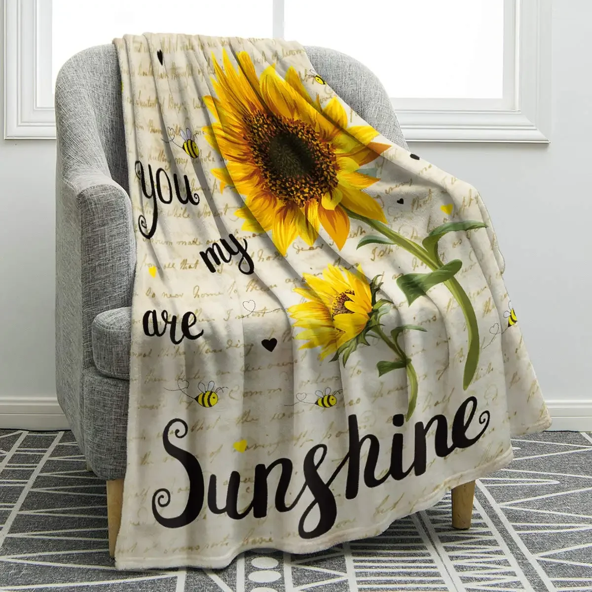 Sunflower Gifts Blanket Print Throw Soft Warm Lightweight Blanket for Women Birthday Christmas, Home Living Room Decor Black