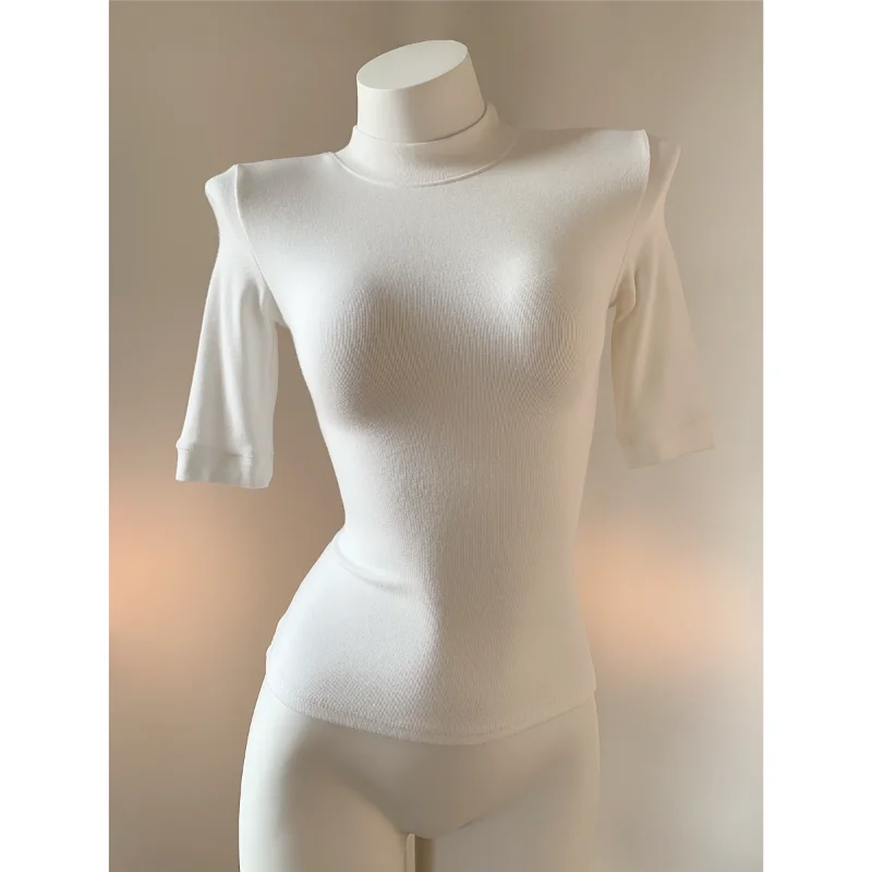Slim Fit High Neck Half Sleeve T-Shirt Women's Spring Summer Casual Pure Color Waist Cinching Top Daring Chaste Atmosphere