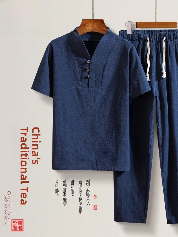 

Men's Summer Cotton Linen Daoist Robe Set Zen Meditation Casual Wear Middle-aged ort Sve Pure Color Hanfu Tang Costume