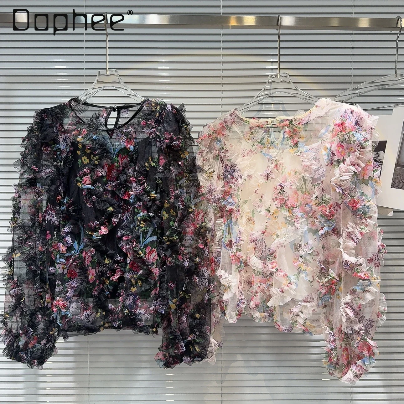 

French Graceful Sweet Three-dimensional Floral Pleated Mesh Chiffon Shirt High-end Round Neck Loose Shirt Women's Spring New