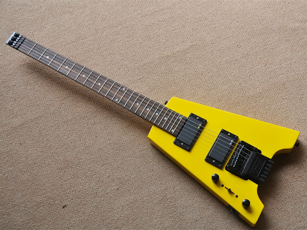 Left Handed Yellow Headless Electric Guitar with Rosewood Fretboard,24 Frets,Customizable