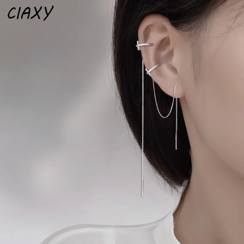 CIAXY Silver Color Inlaid Zircon Wave Ear Bone Clip Earrings for Women Long Ear Line Integrated Earring  Jewelry