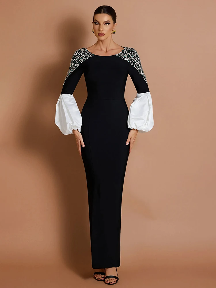 فستان ماكسي بأكمام واسعة من Art Gala Allure باللون الأسود والأبيض والكريستال #2