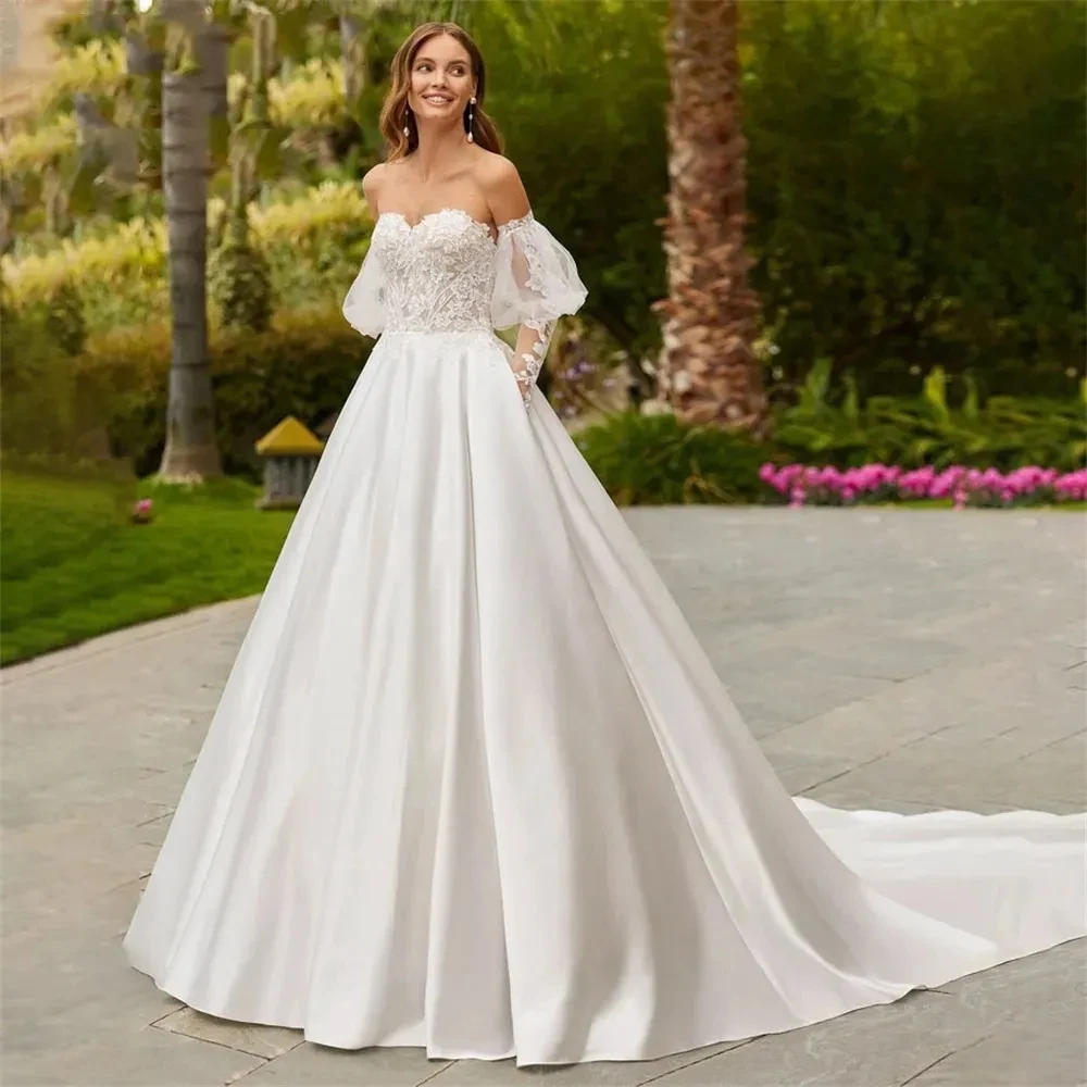 Hermoso vestido de novia con hombros descubiertos, apliques de encaje, mangas largas esponjosas, vestidos de novia formales, vestidos de novia de princesa