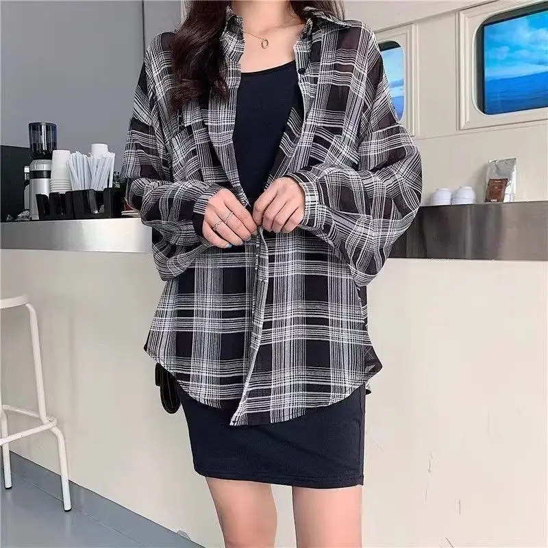 Plaid Shirt for Women Spring Autumn New Thin Model Long Sleeve Polo Neck Loose Youth Sunscreen Top Trend Street Casual Blouse