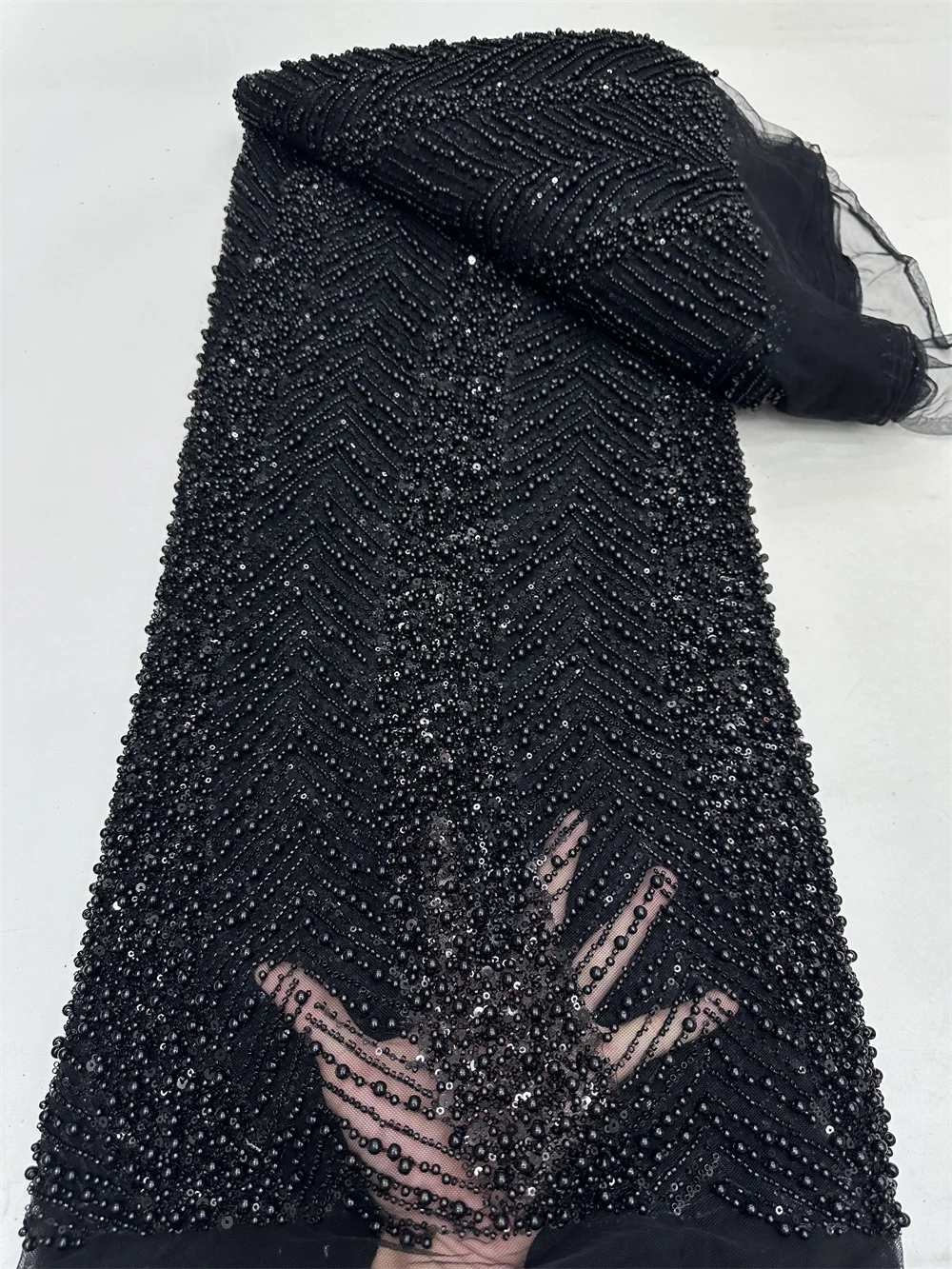 

Black African Beaded Lace Fabric 2024 High Quality Lace Nigeria Groom Lace Fabric French Sequins Lace Fabrics For Party Dress