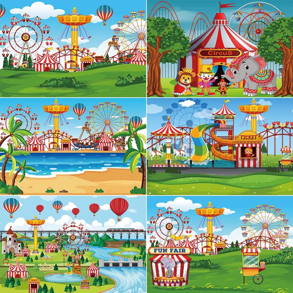 

MOON.QG Circus Tent Playground Backdrop Baby 1st Birthday Party Photozone Background Ferris Wheel Photography Shooting Supplies