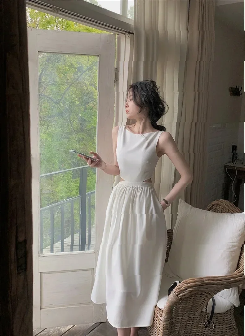 Sweet Ladies Elegant Dress Woman White Black Slim Sleeveless Dresses Summer New Solid Color Slim Women's Dress Female