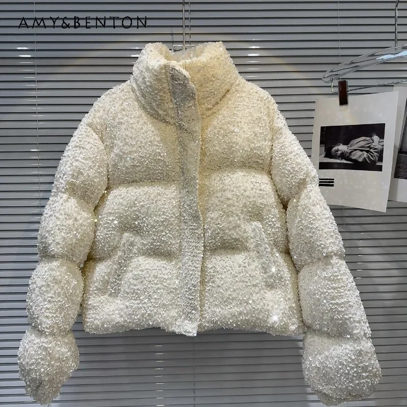 2024 Winter New Sweet And Cool Hot Girls Sparkling Beads Heavy Industry Warm Bread Jacket Down Coat Women\'s Solid Color Parkas