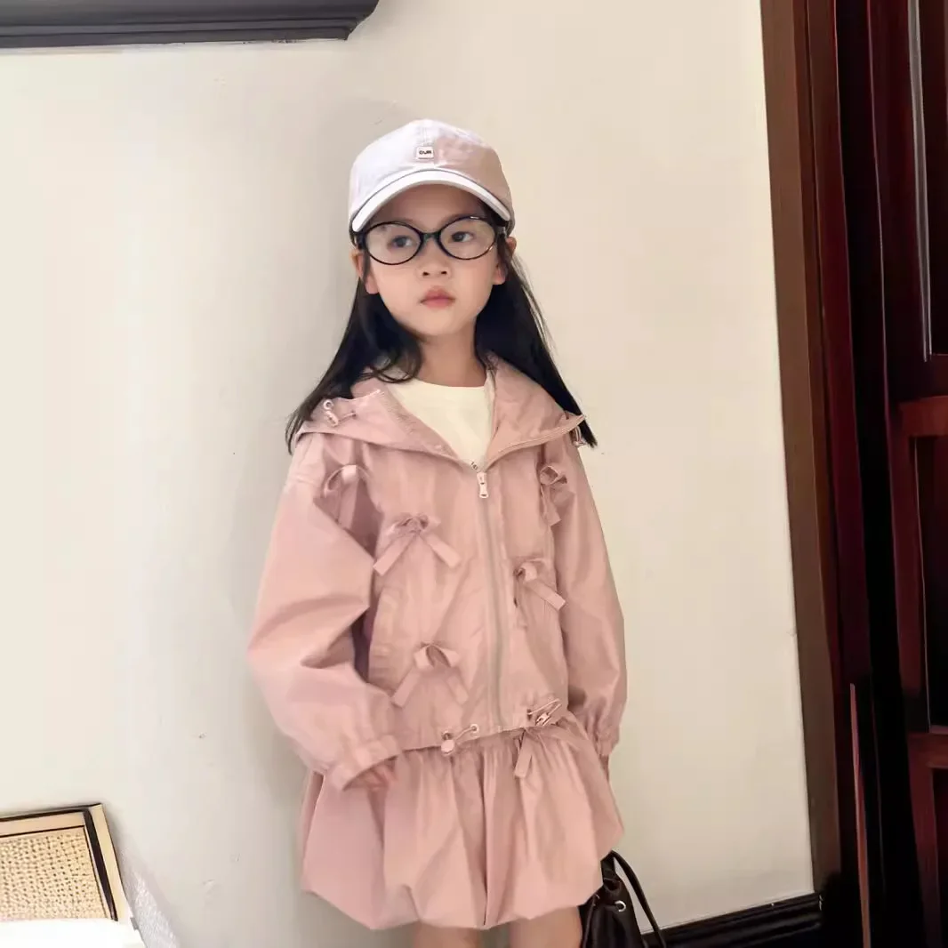 

Childrens Sets 2024 Simple Girl Autumn New Fashion Hooded Tops Children Sweet Bow Loose Coat Flower Bud Skirt Two Pieces