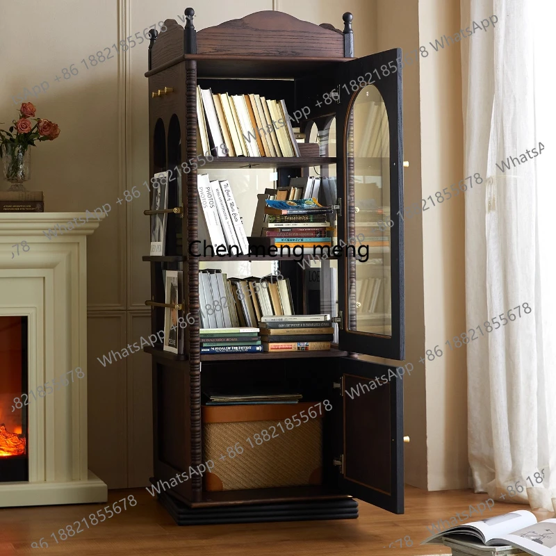 

French Style Solid Wood Bookshelf Vintage Rotating Storage Corner Magazine 360-Degree Display Cabinet