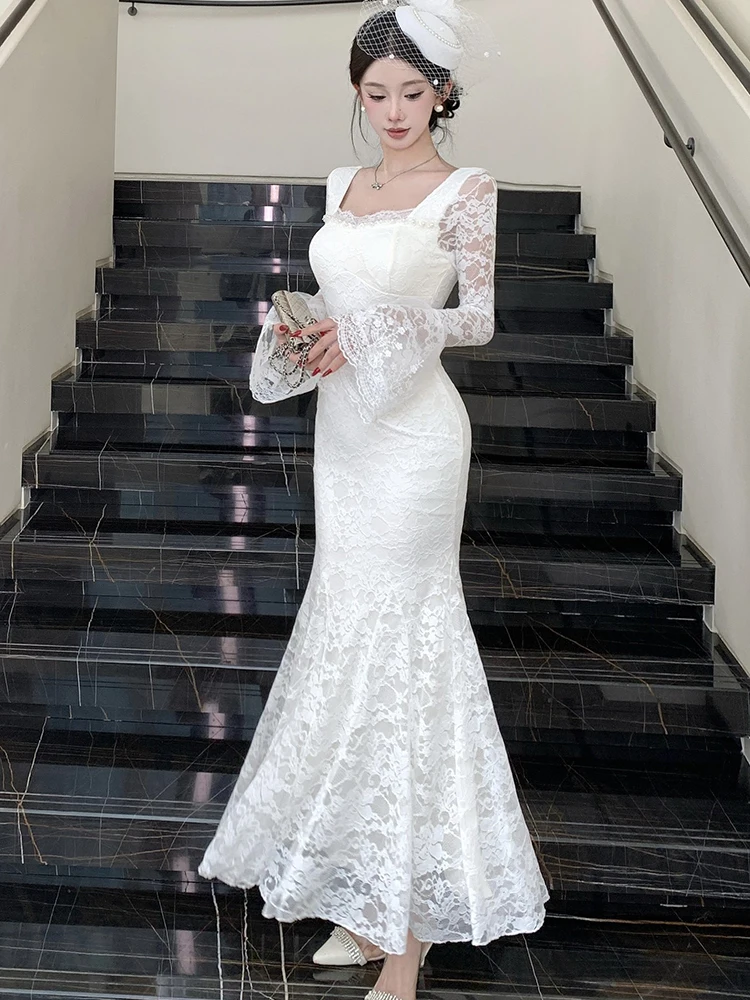 Herbst Winter Weiße Spitze Jacquard Flare Hülse Langes Kleid Frauen Elegante Bogen Quadrat Kragen Prom Kleid 2025, Koreanische Luxus Vestidos