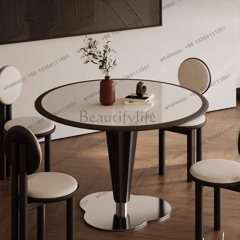 

Italian high-end solid wood dining table Slate household round table small apartment light luxury and high-end feeling