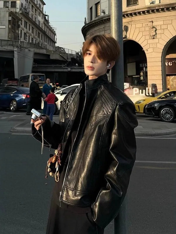 American Retro Dragon Bone Metal Spine Folded Stand Collar Motorcycle Leather Jacket Short Shoulder Pad Outerwear Coat