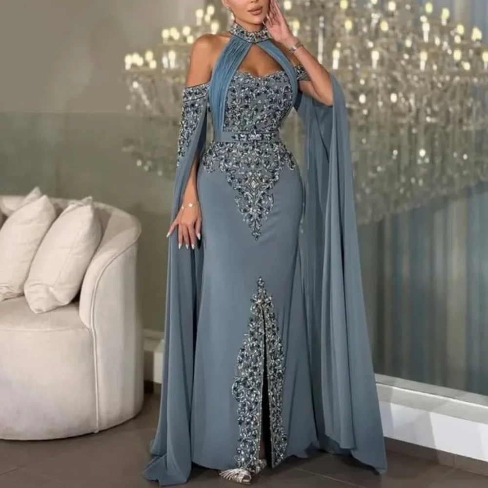 

Customized Modern Style Classic Jersey Beading Pleat Mermaid Halter Sleeveless Long Dresses Evening Dresses Sizes Available Sexy