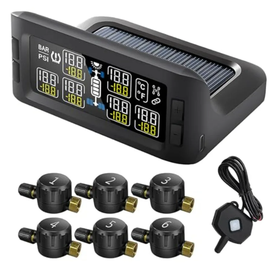

Trailer RV TPMS Solar Tire Pressure Monitoring System with 6 Flow Thru Sensors and Signal Repeater 7 Alarm Modes Real Time Disp