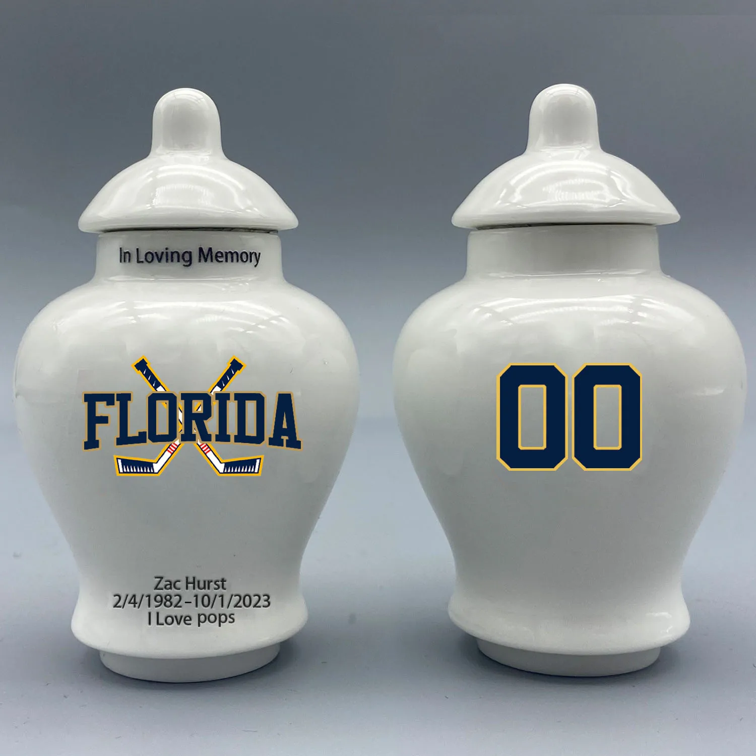 Mini Urn for Florida Panthers-themed Hockey Urn.Please send me the customization information - name/date and number on the urn