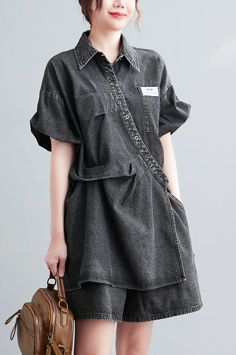 Summer Denim Two-piece Set Turn-down Collar Chic Design Split Blouses Elastic Waist Jean Shorts Female Loose Casual Suit