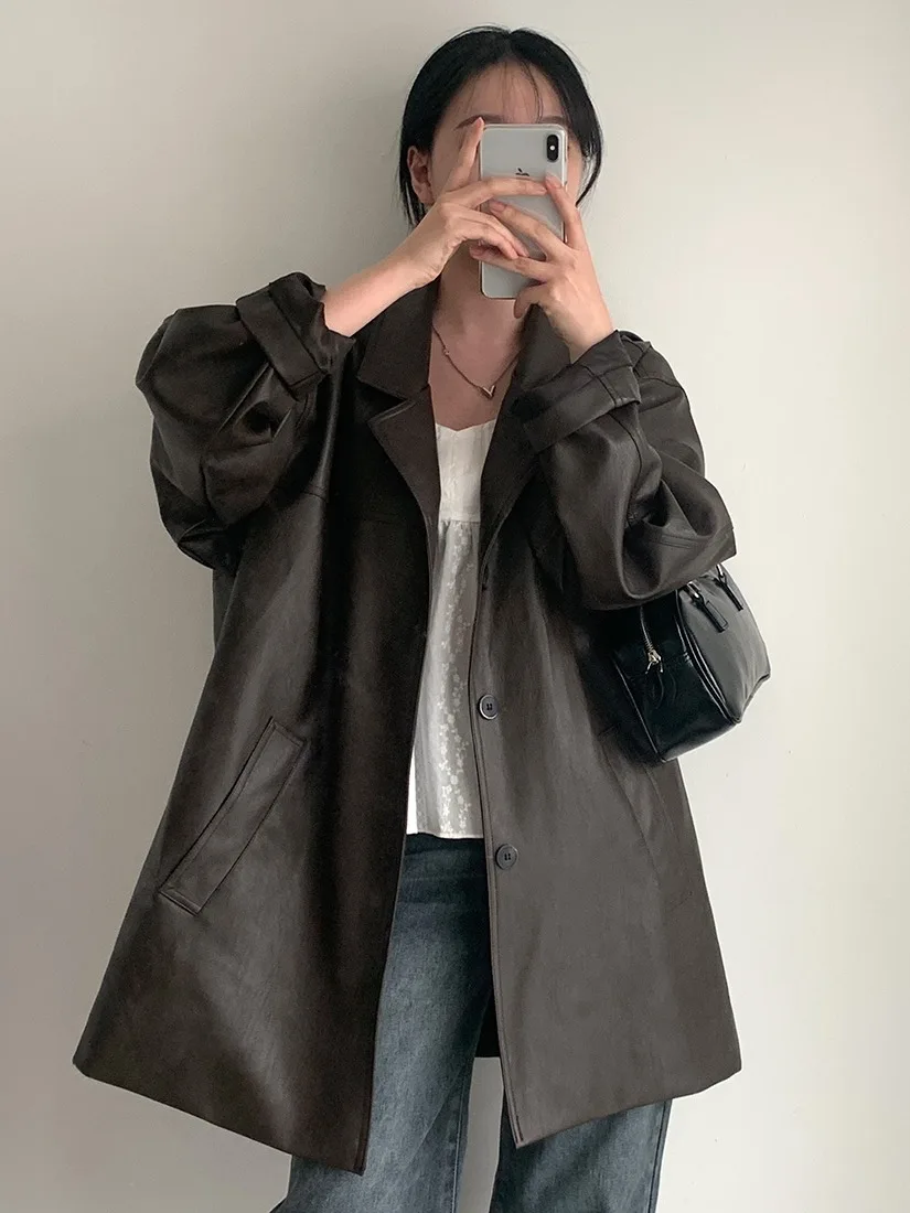 Chic Herbst Neue Retro Britischen Stil Einzigen Taste Lose Beiläufige PU Leder Jaet Lange Sve Anzug Oberbekleidung Frauen