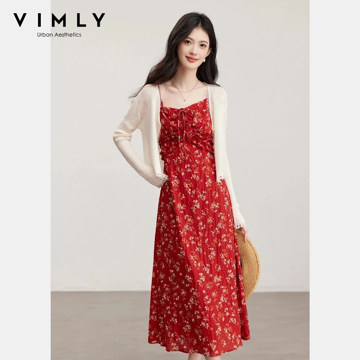 

VIMLY Women's Red Floral Dress Two-Piece 2026 Spring New Solid Knit Cardigan Lace Trim Tie Front Slip Dress Vacation Wear 30716