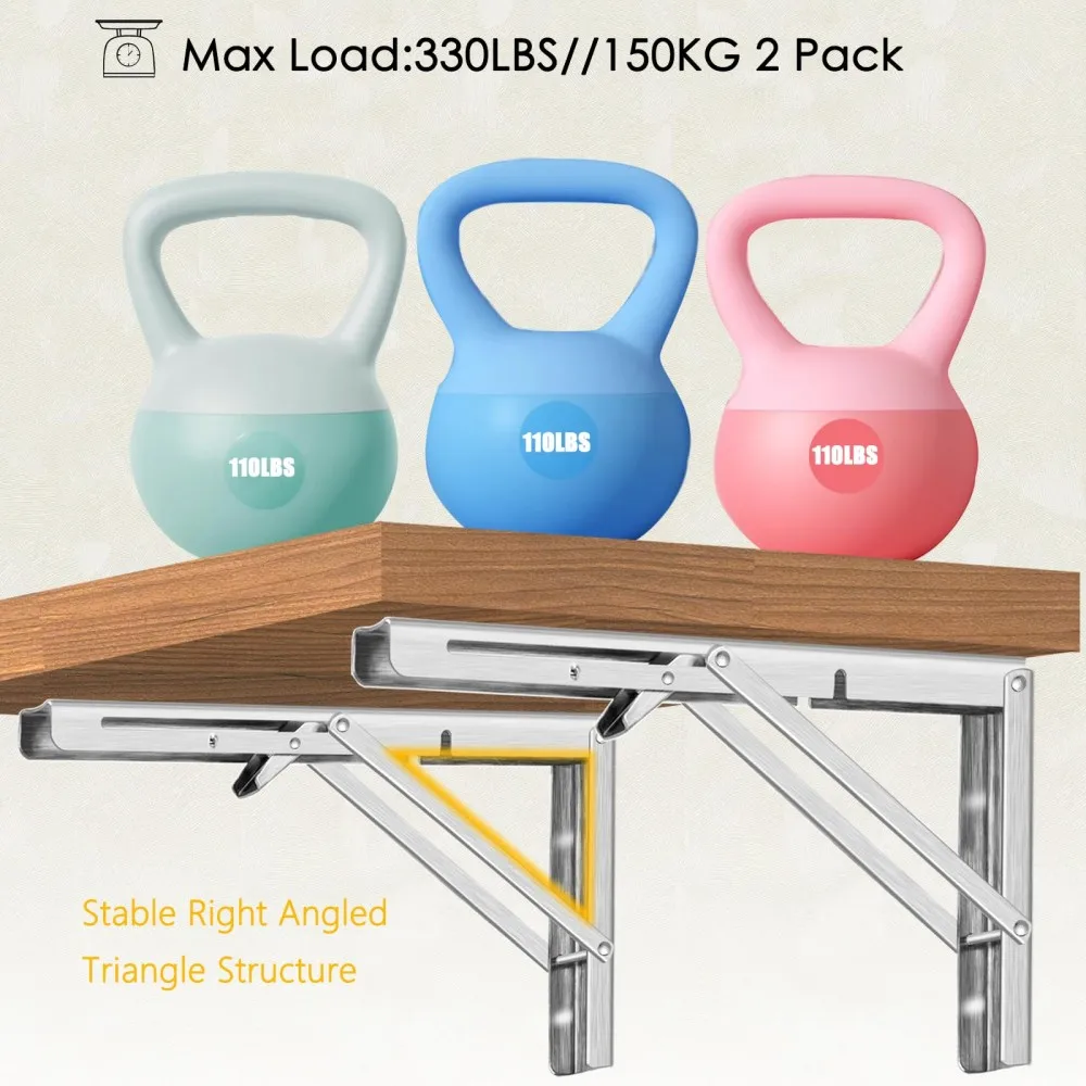 2PCS 10 Inch Folding Shelf Brackets Heavy Duty Stainless Steel Collapsible Bracket Max Load 300lbs Wall Mounted Shelf Hinges