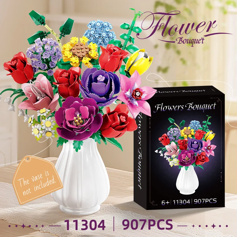 

Строительные блоки MOC, романтическая гортензия, тюльпан, роза, набор букетов, ваза с цветком жизни, игрушки для растений в горшках, подарки на день рождения для детей