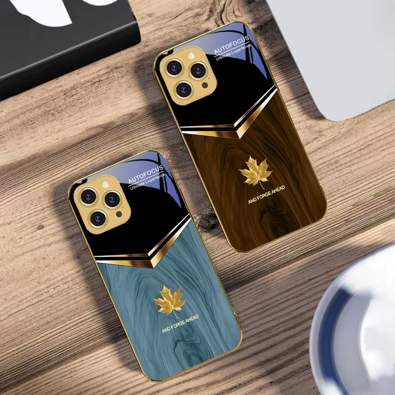 Feuille d'érable dorée mignonne pour IPhone 16 16Pro Max 15 P ro 14 13 Plus 12 Mini 11Pro Max XS Max XR coque de téléphone en verre trempé doré