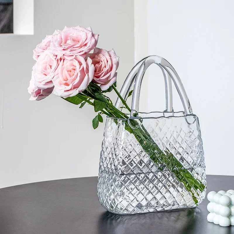 Flower ware, hydroponic creative crystal handbag, vase decorative ornament, transparent water rose home soft flower basket