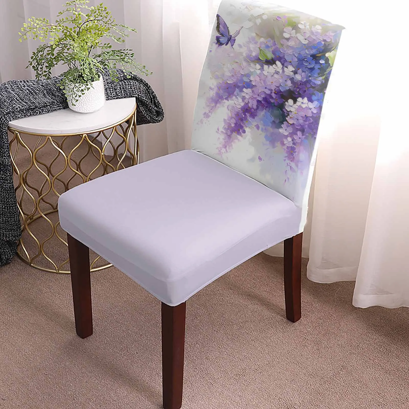 Oil Painting Purple Lavender Butterfly Chair Cover for Dining Room Spandex Stretch Seat Cover for Wedding Banquet Seat Case