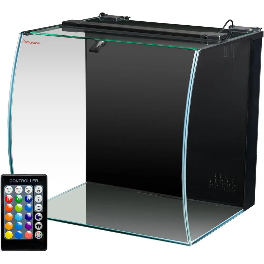 

13.5 Gallon Bow ront Glass Aquarium Kit with ilter and LED Lighting - All in One Desktop ish Tank, Ideal or reshwater and Saltwa