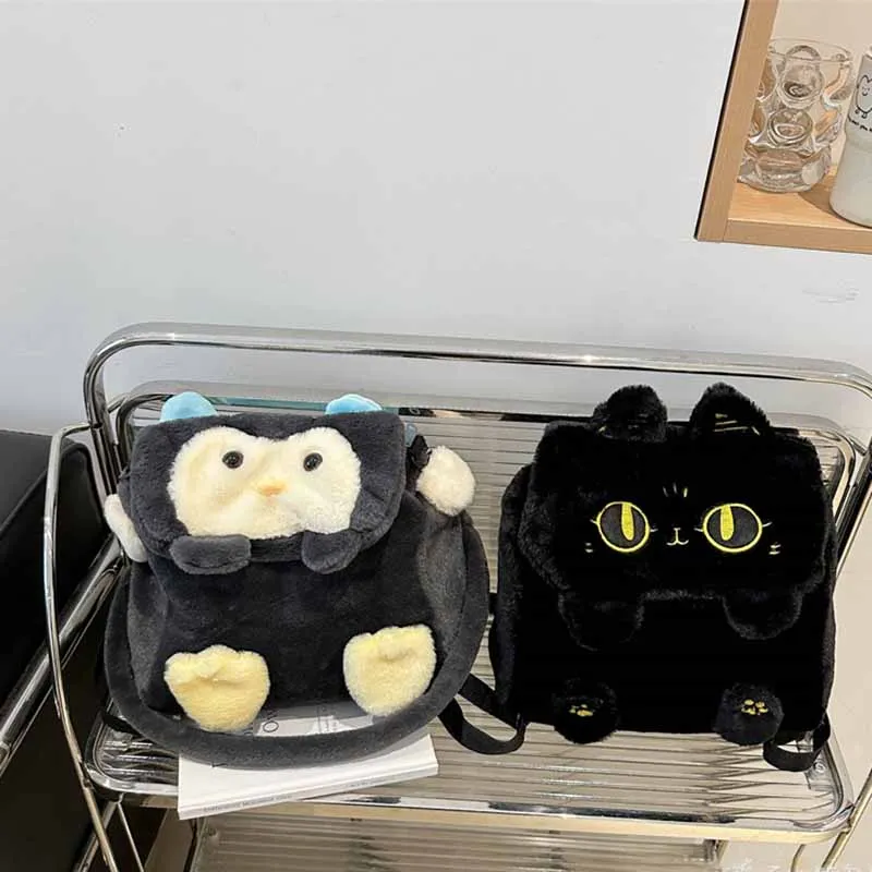 Bolso de hombro de felpa de dibujos animados para estudiantes, mochila versátil de gran capacidad con diseño de pingüino y gato negro pequeño, novedad de 2024