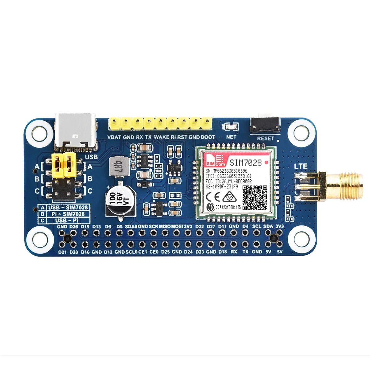 Raspberry Pi用の効率的なSIM7028無線通信モジュールNB-IoTハット