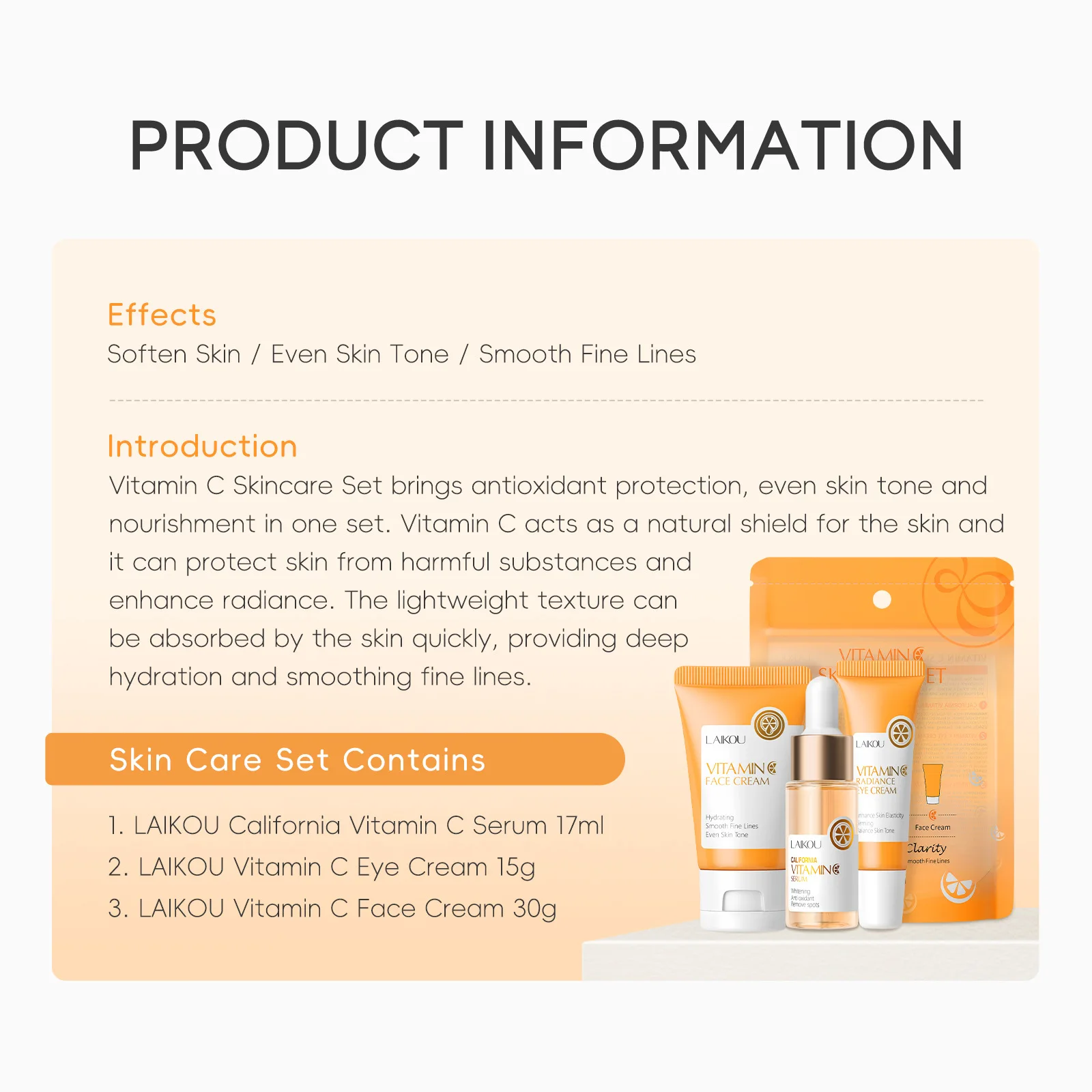 مجموعة منتجات العناية بالبشرة من سلسلة فيتامين C من LAIKOU مكونة من 3 قطع مجموعة العناية بالبشرة المرطبة كريم العين المطهر