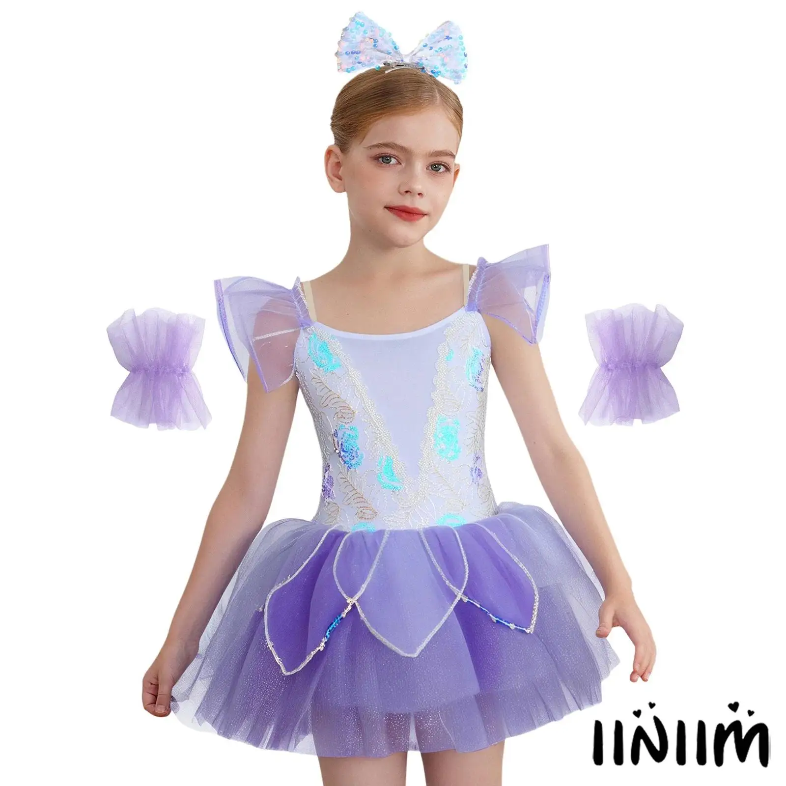 

Kid Girl Ballet Dance Costume Ruffled Sleeves Sequined Bodice Adjustable Straps Tutu Dress with Cuffs Headwear Lyrical Dancewear