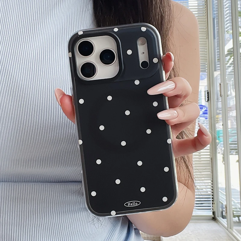 Modne etui na telefon z motywem w kropki, obsługujące bezprzewodowe ładowanie, kompatybilne z iPhone 18, 17, 16, 15, 14 Pro Max, z funkcją Magsafe, 2 w 1, tylna obudowa. — zdjęcie produktu 3