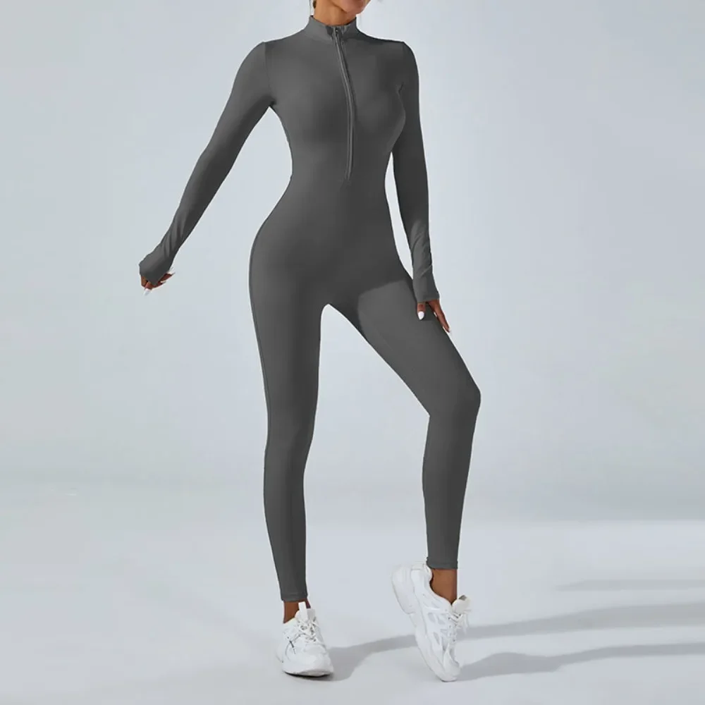 New nude zipper long sleeved yoga jumpsuit, high-intensity fitness and sports integrated jumpsuit tight fitting yoga suit