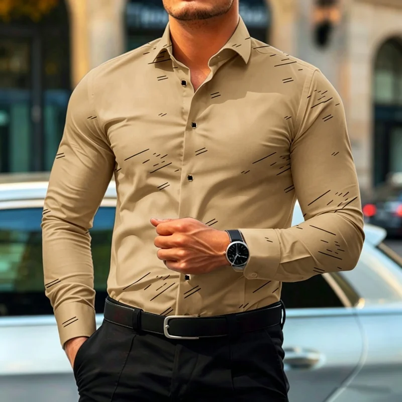 Men's Geometric Line Print Slim Fit Dress Shirt Long Sleeve Business Casual Party Tops