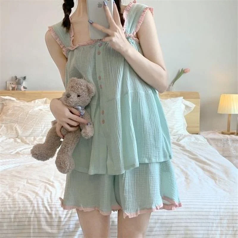 Pajamas Set Women Summer New Style Comfortable Lace Sweet Sling Top Shorts Loungewear Two-Piece