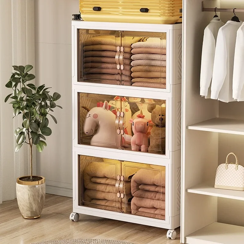 Folding Wardrobe Storage Box Floor-Standing Multi-Layer Closet Organizer with Wheels and Doors Living Room Toys Display Cabinet