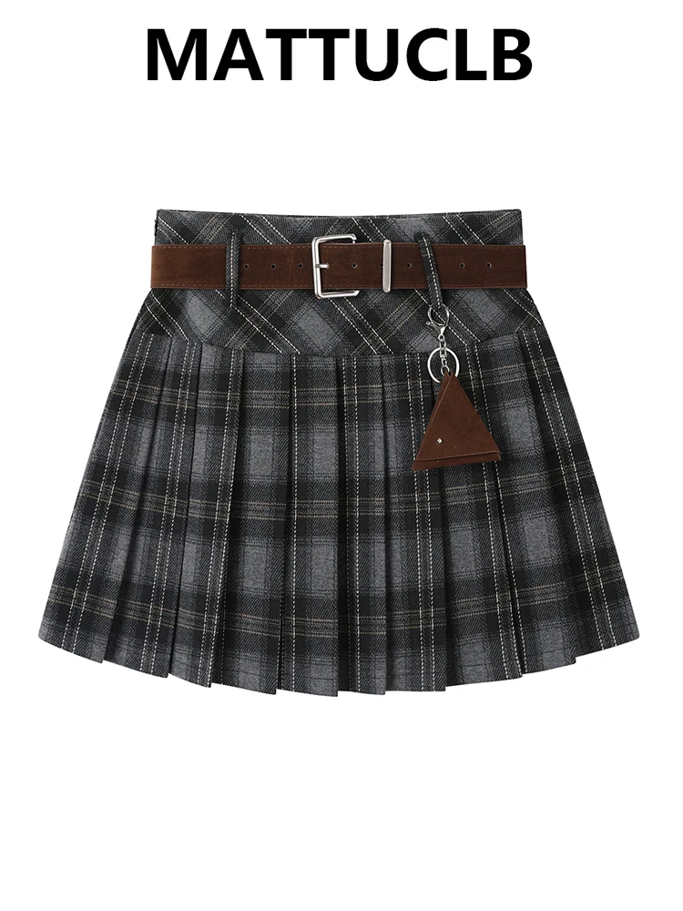 

Women's Mini Plaid Pleated Skirt With Belt 2000s Aesthetic y2K American Retro Party A-line High Street Design Korean Preppy New