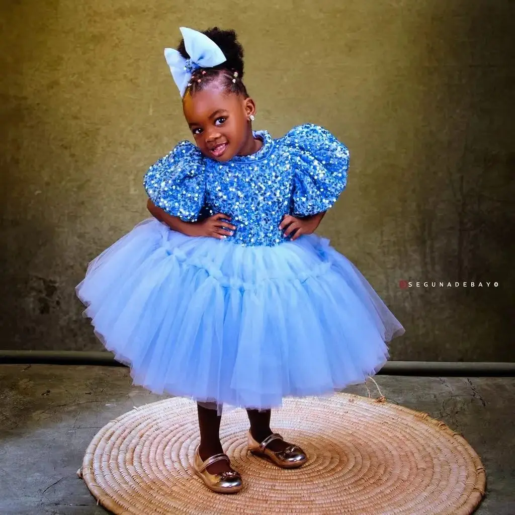 

Sky Blue Girls Pageant Dresses Sequined Shiny Kids Party Girls Flower Girl Dress for Wedding Birthday Photoshoot Prom Gowns