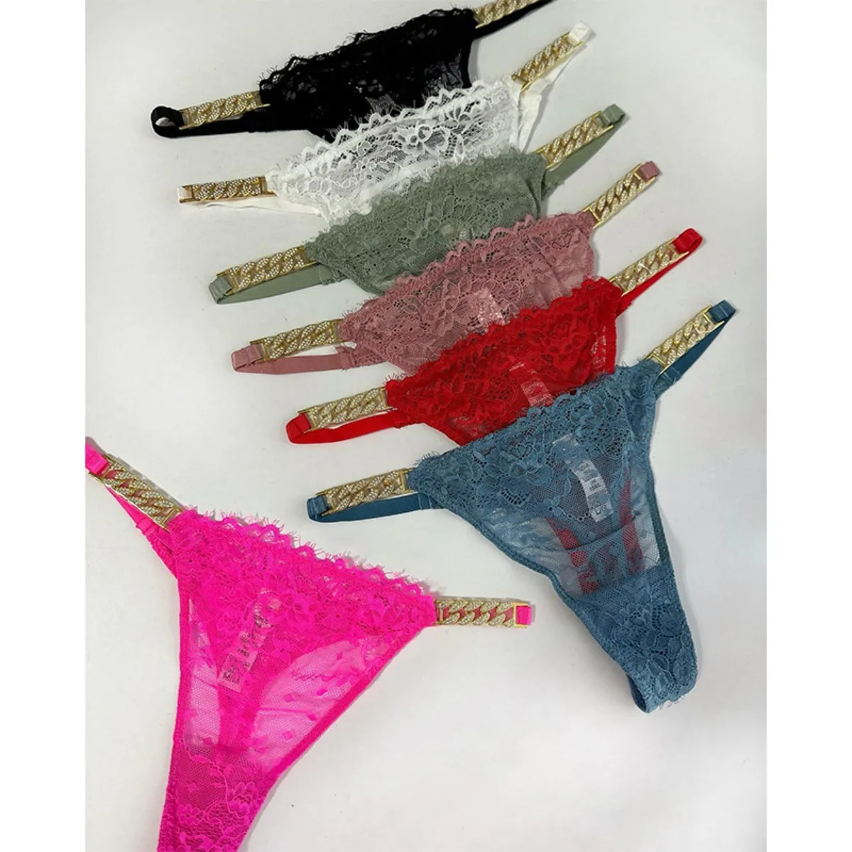 

European and American Sexy Lace Thong Chain Rhinestone Personality Fashion Metal Erotic Sports Pure Desire Women's Panties